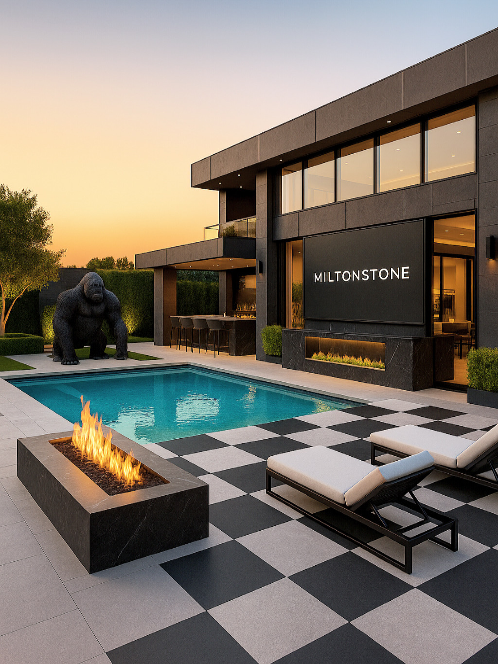 Outdoor design concept with a pool, checkerboard patio and fire feature