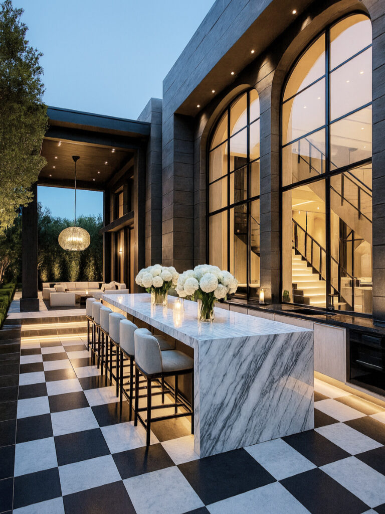 Marble outdoor bar beside a modern home