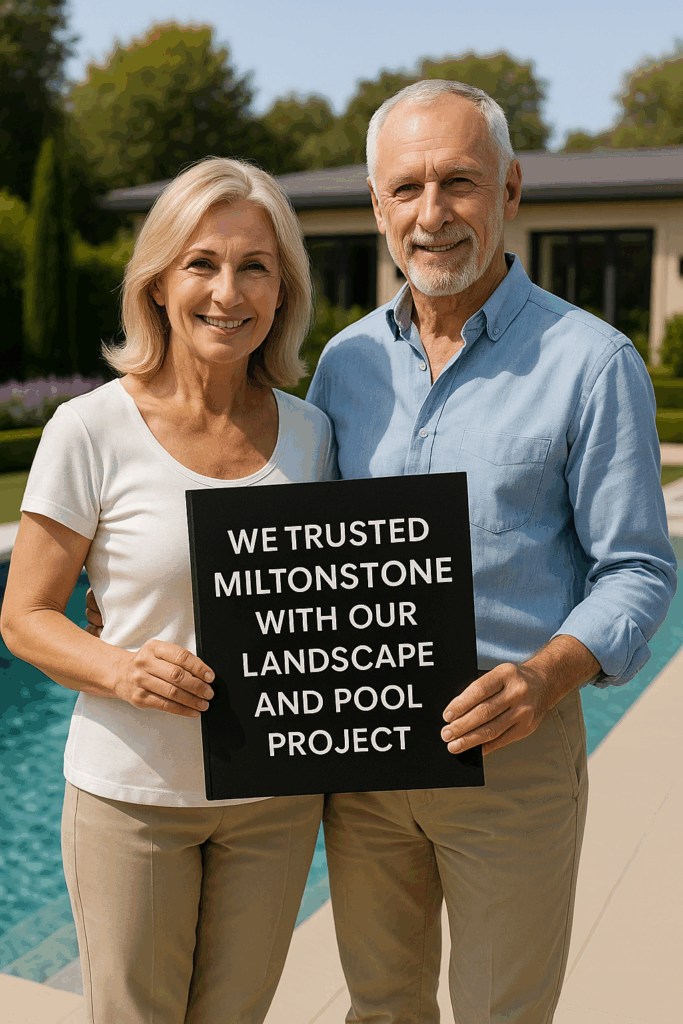 Happy clients holding testimonial sign beside their new luxury pool and landscaped backyard in Oakville
