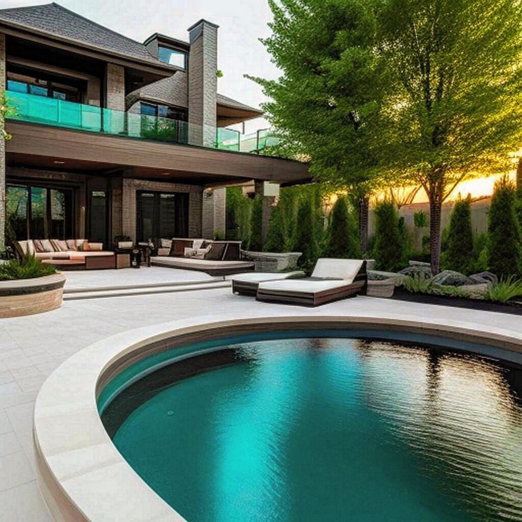 Curved swimming pool bordered by a pale stone terrace, lounge seating and mature trees beside a modern home.