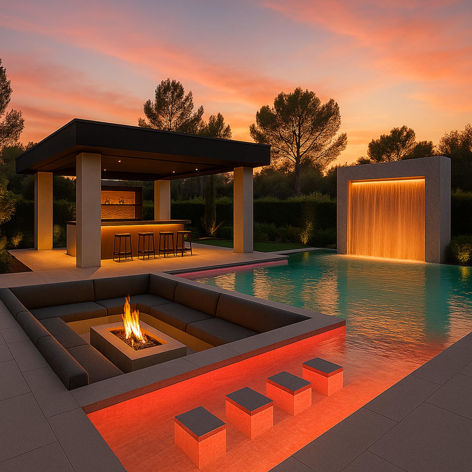 Milton Stone illuminated poolside waterfall and water feature