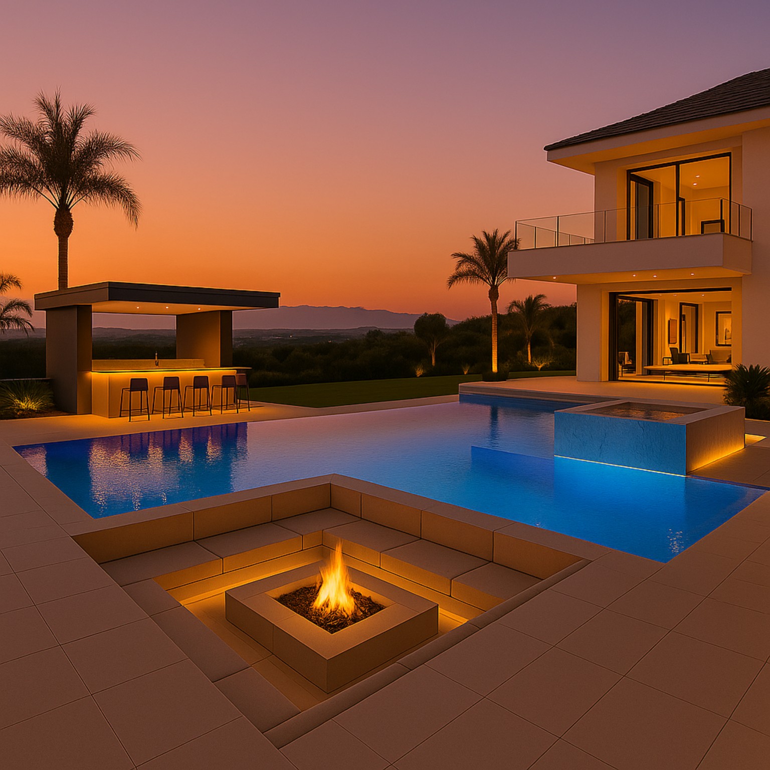 Milton Stone infinity pool and sunken fire pit at sunset