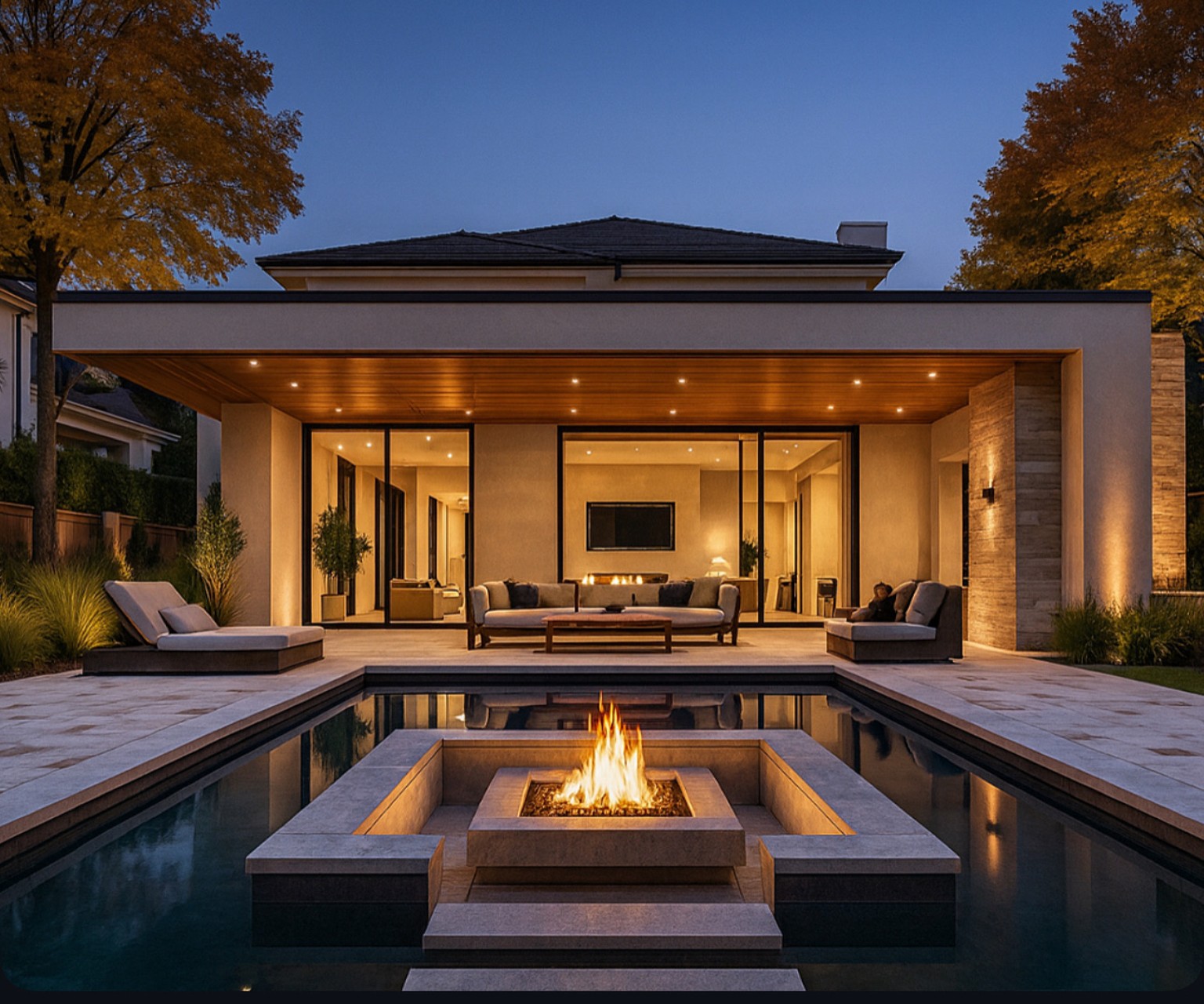 Pool and sunken fire lounge surrounded by illuminated steps at dusk