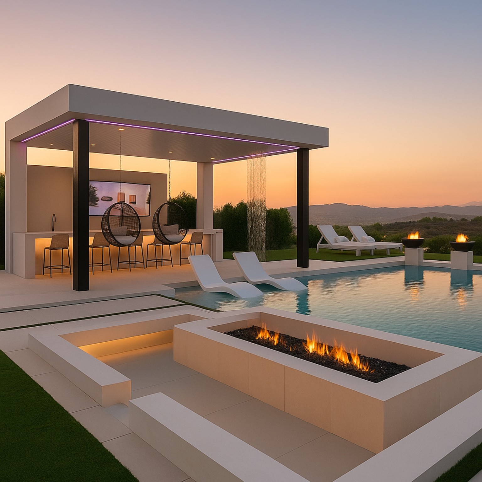 Glass cabana and an outdoor lounge beside a pool and linear fire feature