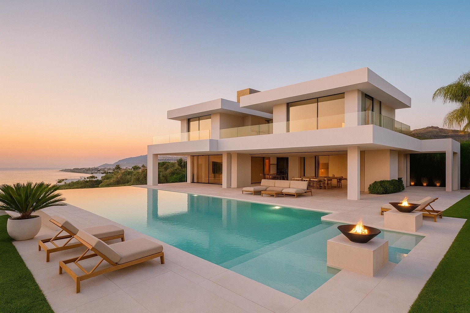 Modern villa with a broad infinity pool and open outdoor living spaces