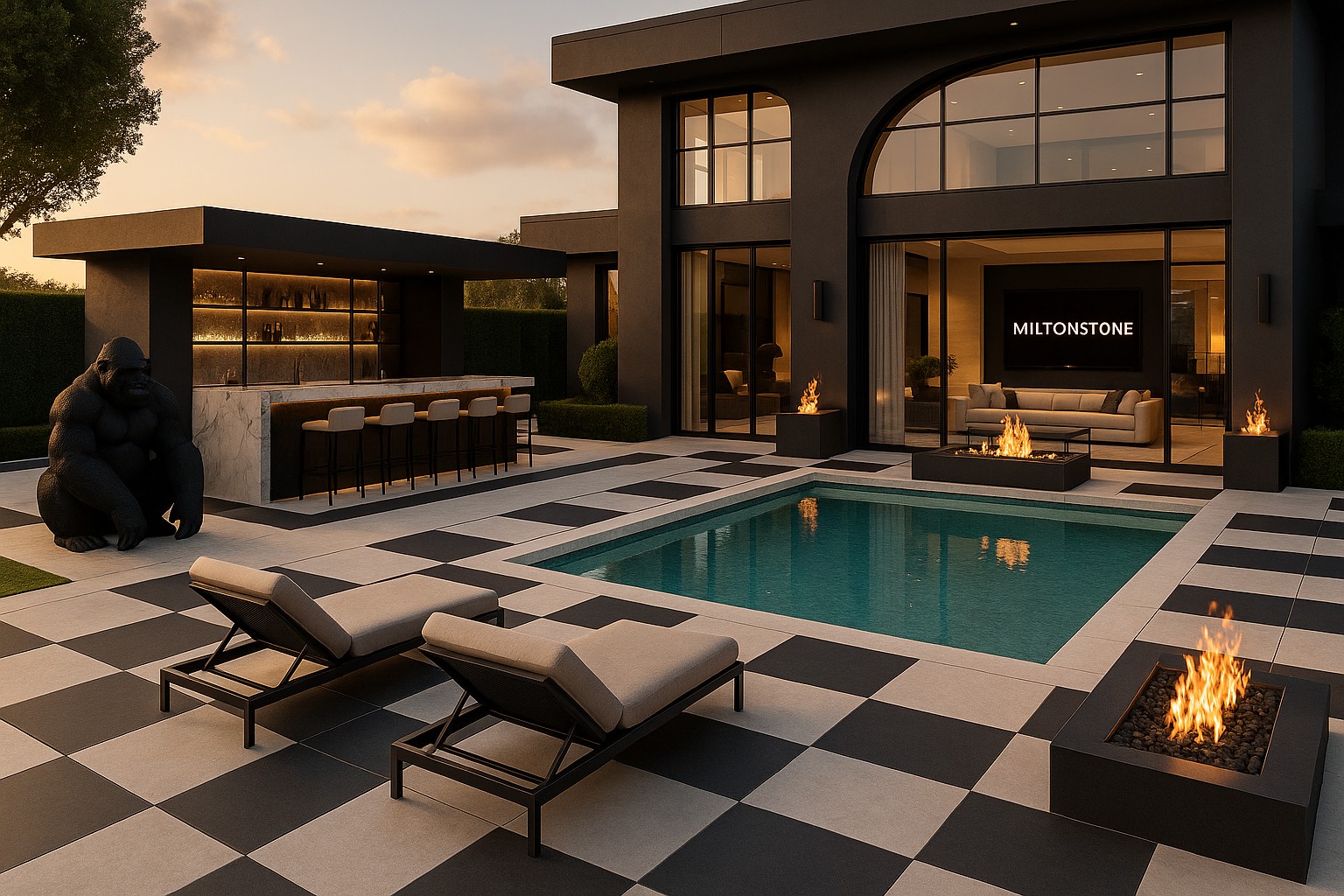 Contemporary pool courtyard with geometric paving, fire features and an outdoor kitchen
