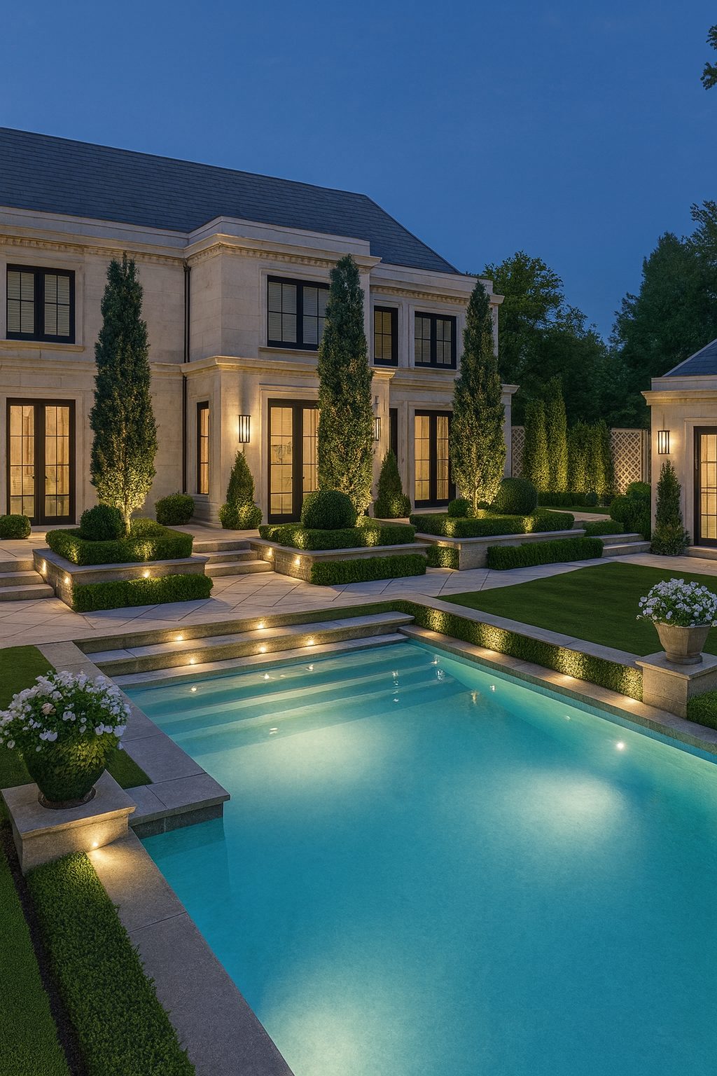 Classical residence overlooking a formal pool and illuminated garden terraces