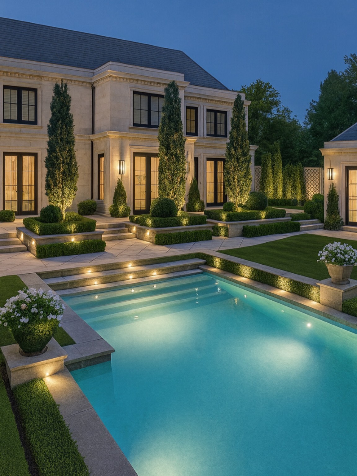 Design rendering of an estate pool garden with layered terraces and illuminated stone steps