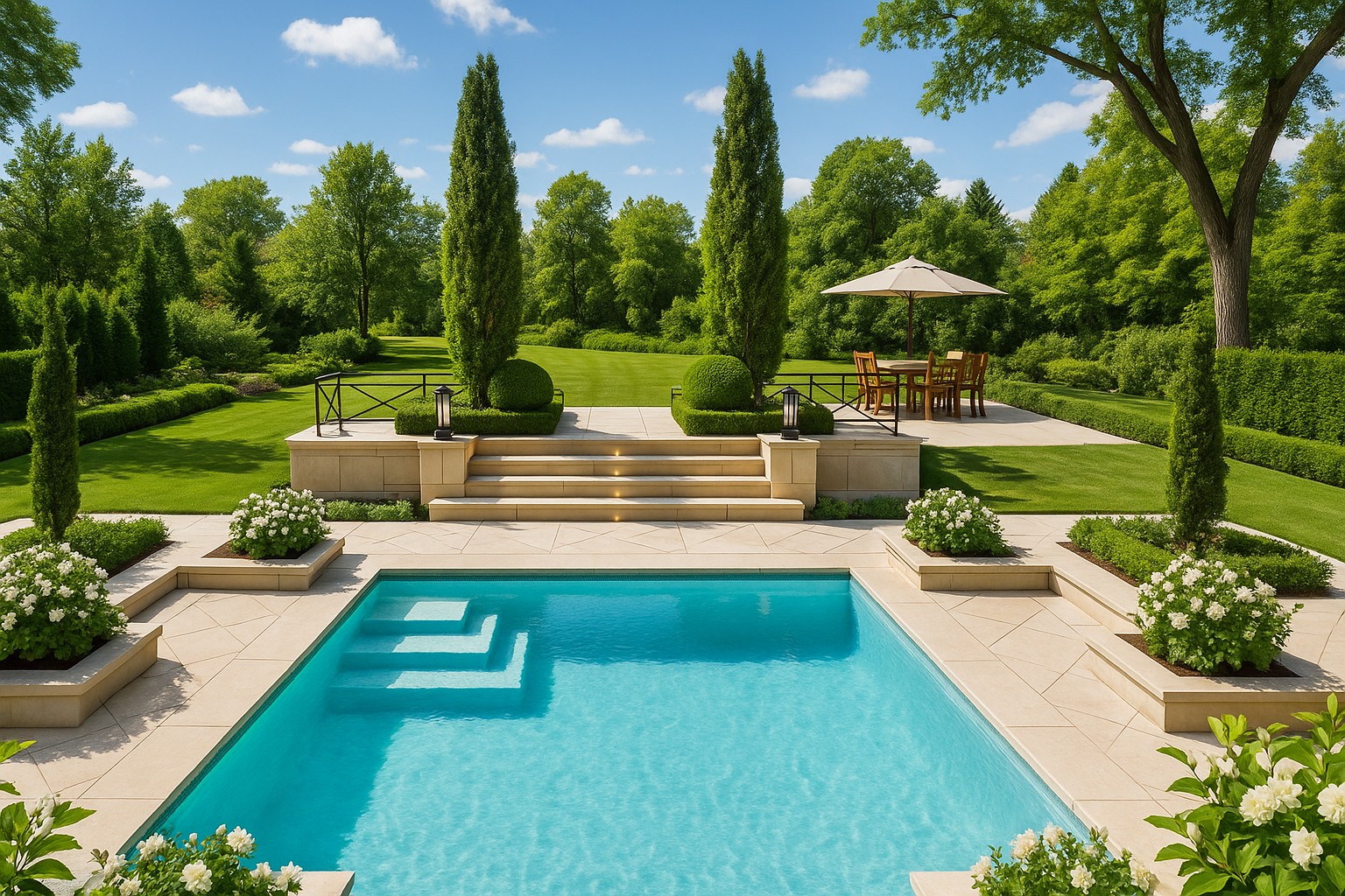 Symmetrical pool garden framed by pale stone terraces and structured planting