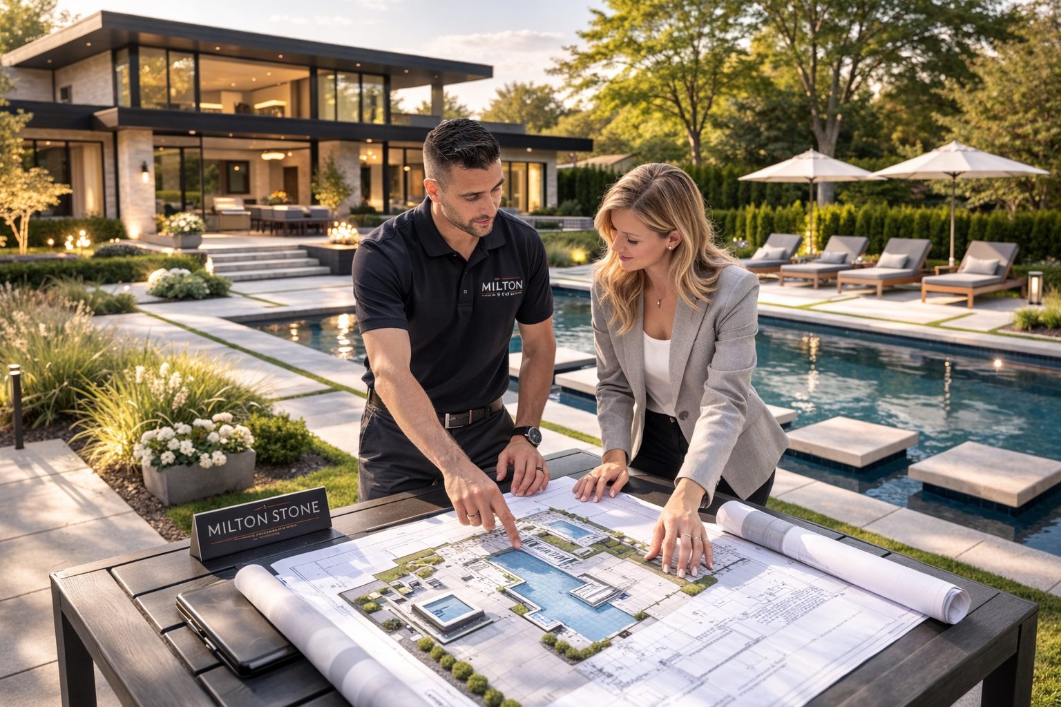 Landscape plans reviewed beside a modern pool