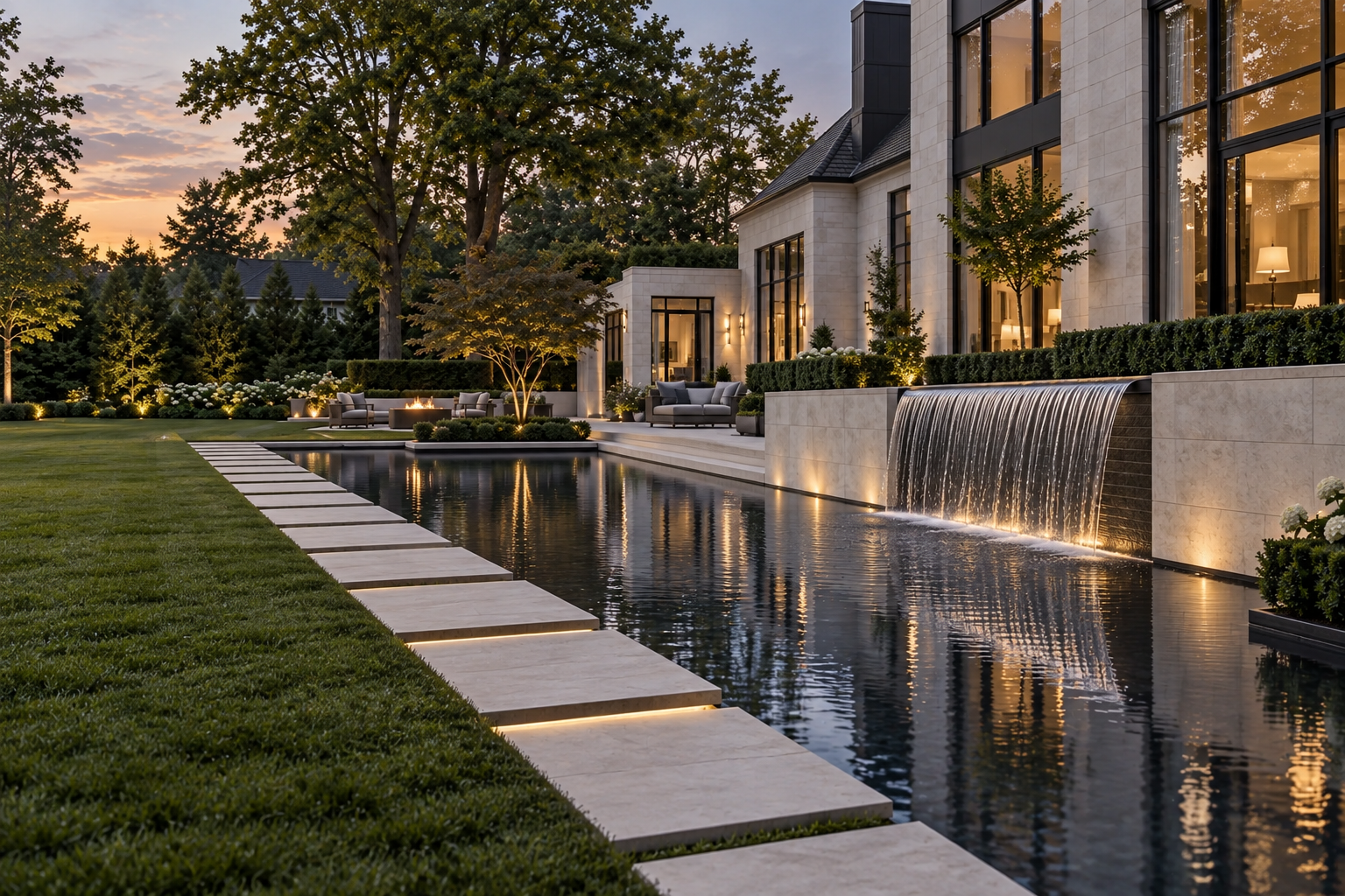 Milton Stone luxury landscape and pool architecture with dark reflective water, a limestone waterfall and lush illuminated gardens
