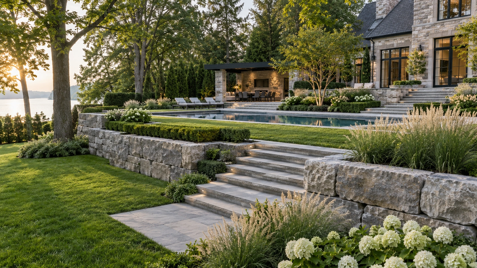 Natural armour stone walls connecting lawn and pool terraces