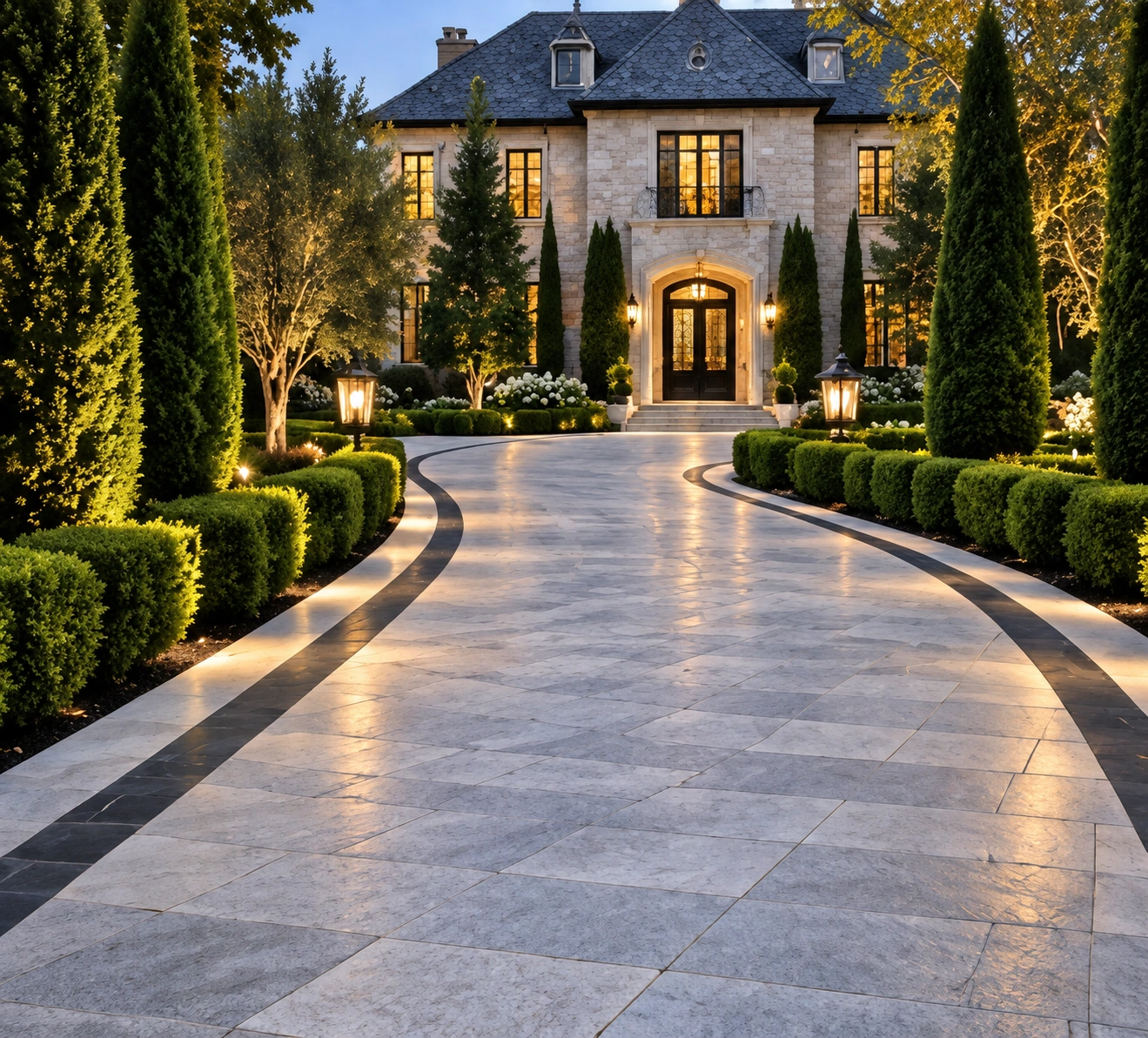 Curved granite estate driveway with limestone borders and dark stone banding sweeping toward a stone residence at dusk — design study