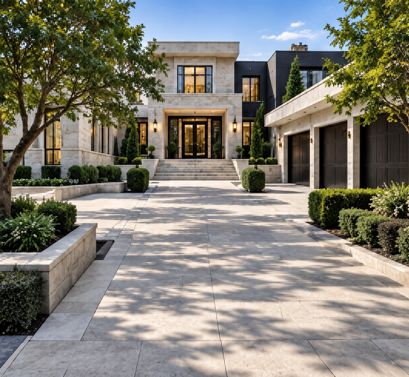 Contemporary limestone estate driveway leading to a modern stone and dark-clad residence