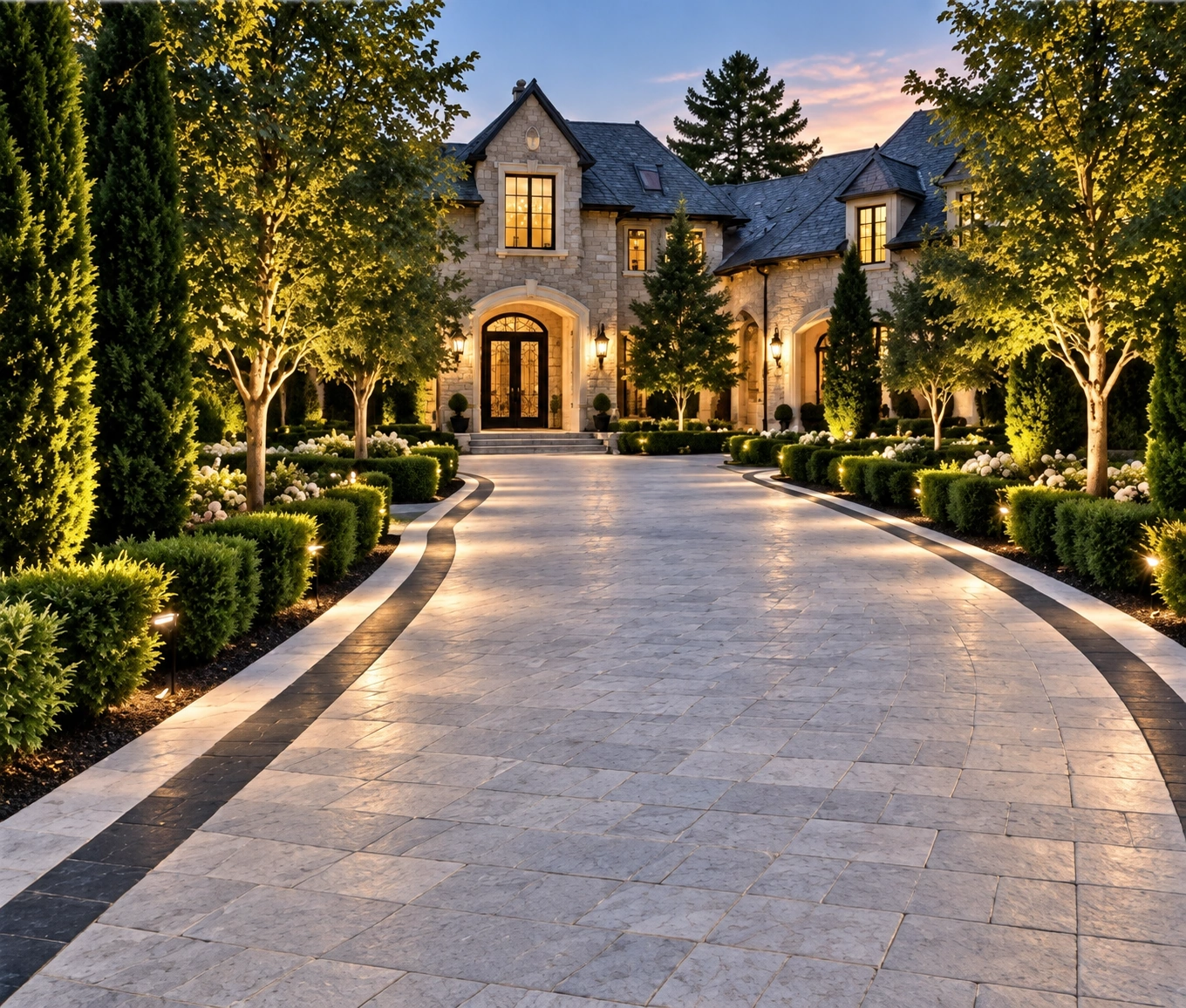 Formal estate driveway lined with cypress and clipped boxwood, lit by landscape lighting at dusk