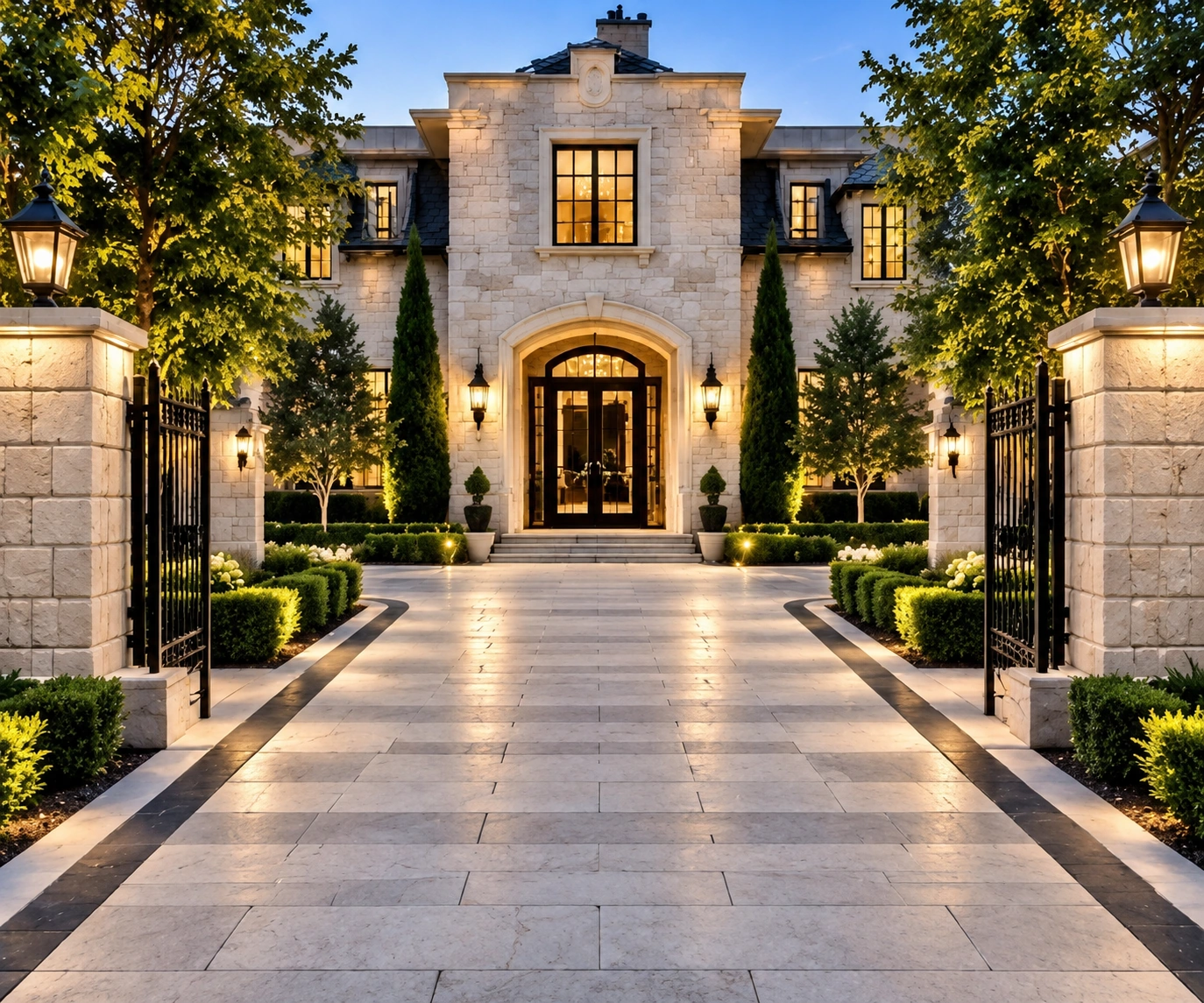 Gated limestone entrance court with stone pillars, lanterns and iron gates opening to a stone residence
