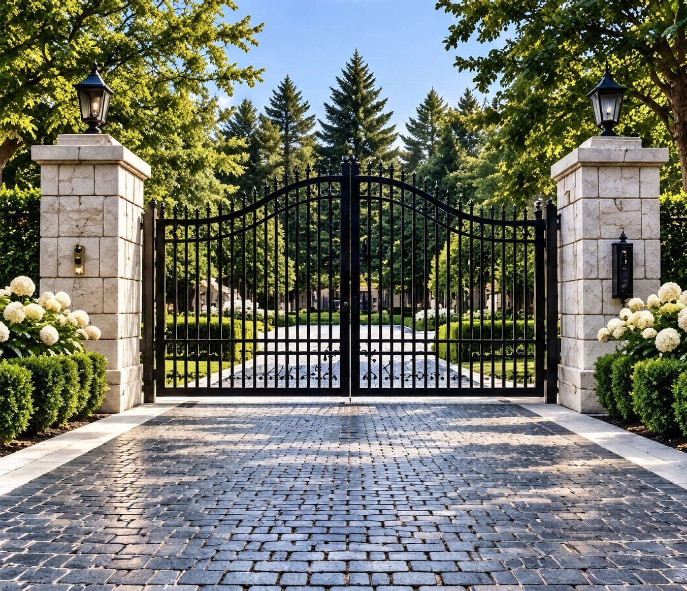 Wrought iron estate gates set between limestone pillars above a granite cobblestone driveway apron