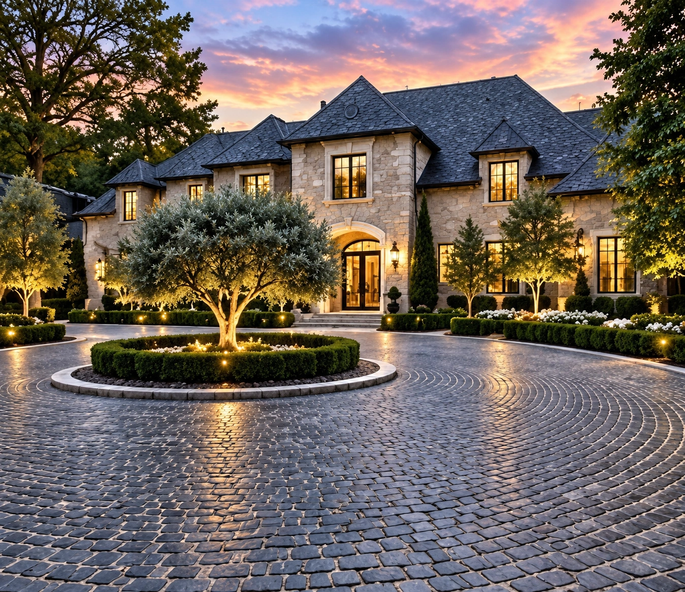 Circular granite cobblestone motor court with a lit centre island and mature tree at dusk