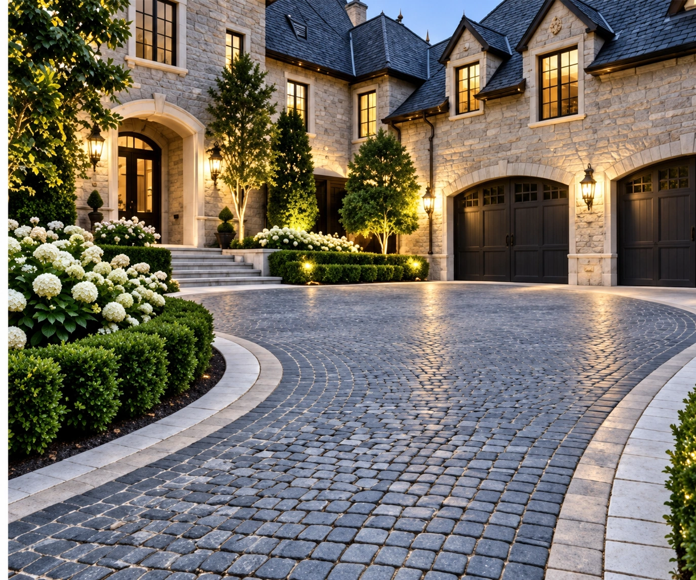 Granite cobblestone motor court curving toward arched garage doors at a stone estate