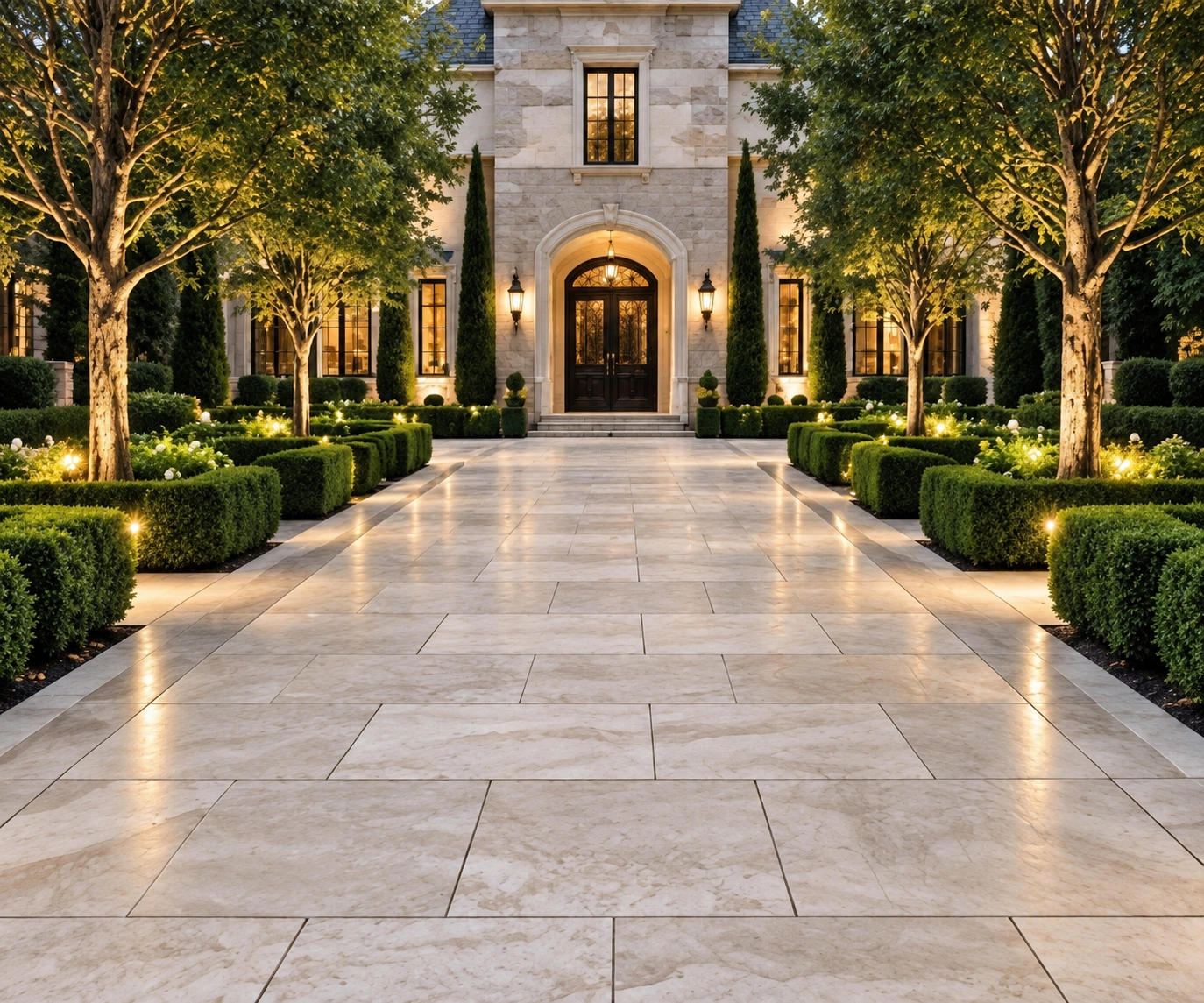 Formal limestone allee with tree-lined borders and architectural landscape lighting at night