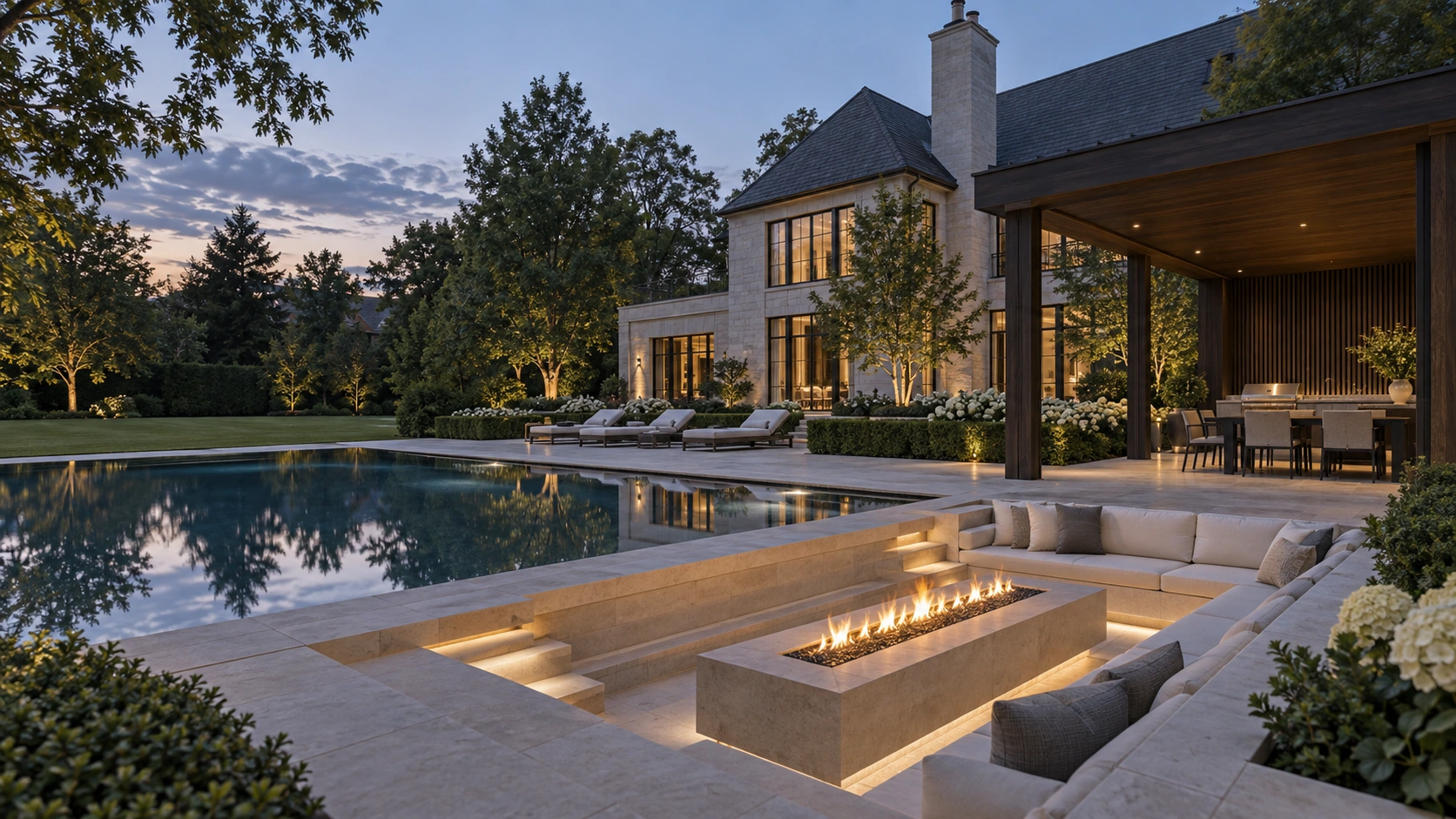 Sunken poolside lounge with a linear stone fire feature
