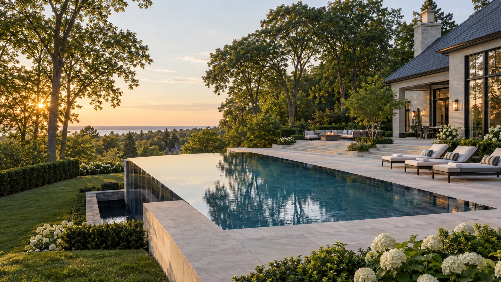 Infinity pool with a vanishing edge beside a stone estate and mature Ontario trees