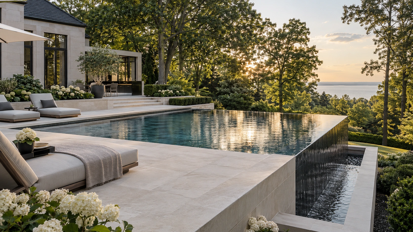 Infinity pool overflow and lower catch basin overlooking a wooded landscape