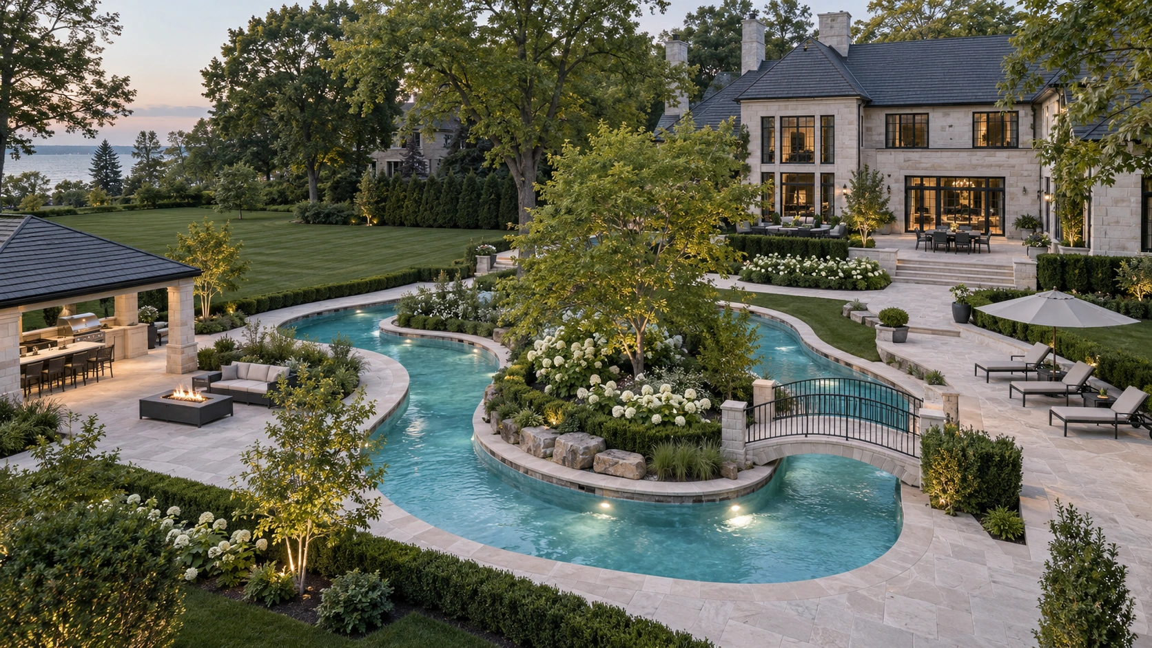 Private lazy river pool circling a planted island beside an Ontario-style estate