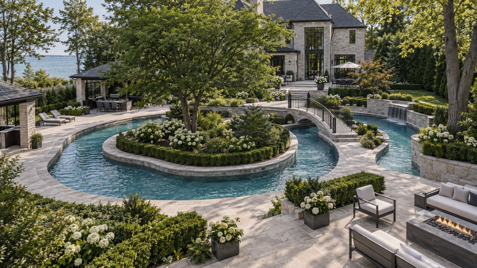 Lazy river garden with a stone footbridge, pavilion and natural stone terraces