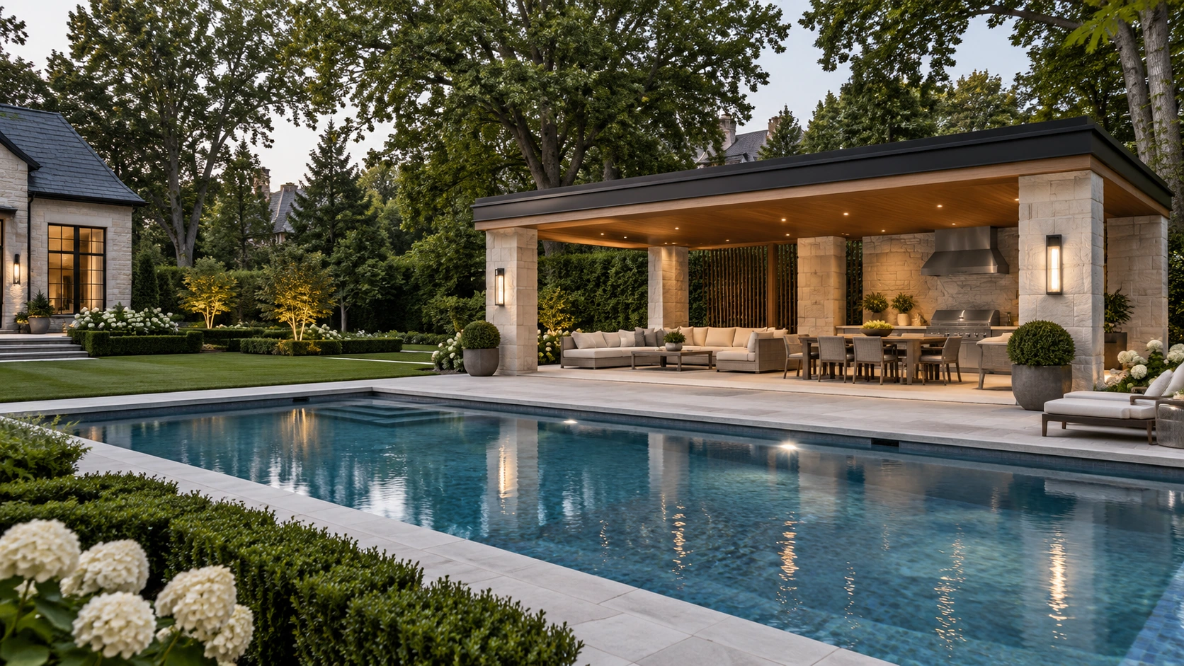 Milton Stone luxury cabana within an Ontario estate landscape