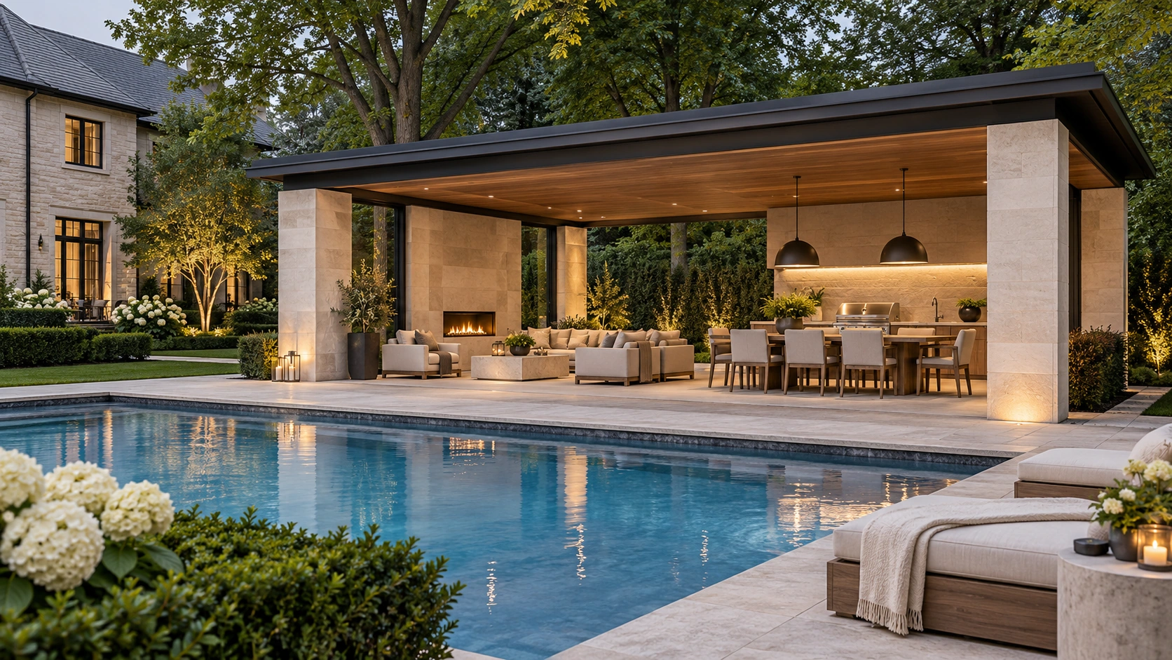 Poolside cabana with outdoor dining, kitchen and lounge seating