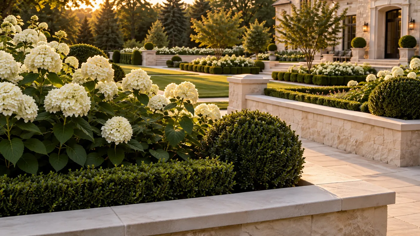 Formal garden with white hydrangeas, boxwood spheres, limestone retaining walls with stone capping, and manicured hedges