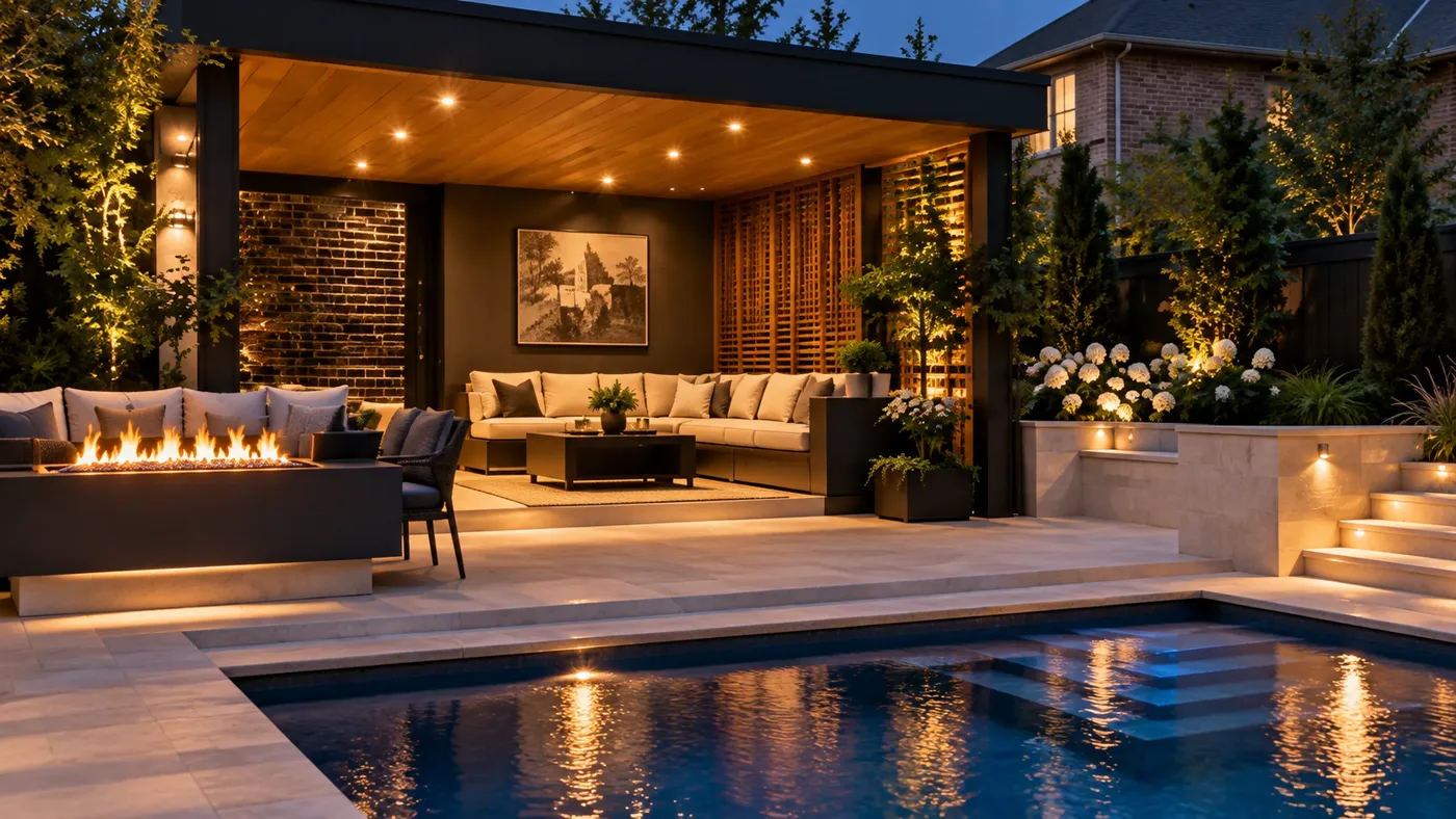 Modern backyard with rectangular pool, light stone pavers, covered lounge with linear firepit, uplighting, and layered plantings