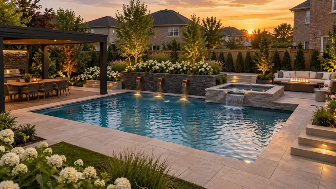 Luxury backyard with rectangular pool, spa with water features, tiered stone walls, pergola dining area, fire pit lounge, and landscape lighting at sunset