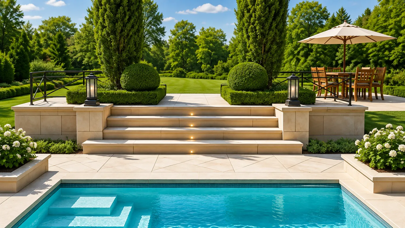 Rectangular pool with geometric steps, cream stone coping and paving, illuminated tiered stairs, topiary, and teak dining set