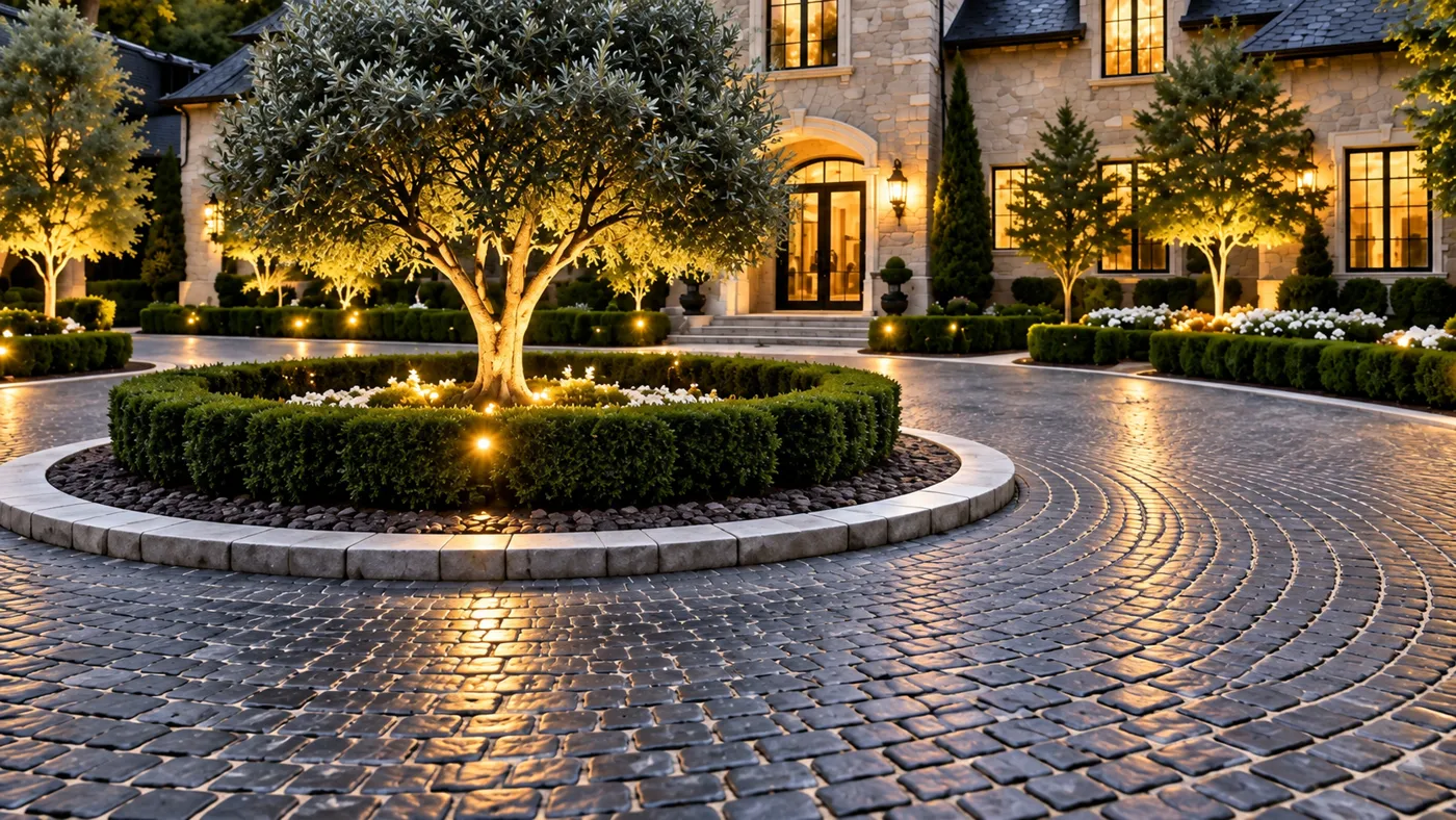 Circular driveway with curved cobblestone pavers, raised planter bed with uplighting on olive tree and boxwood hedging.