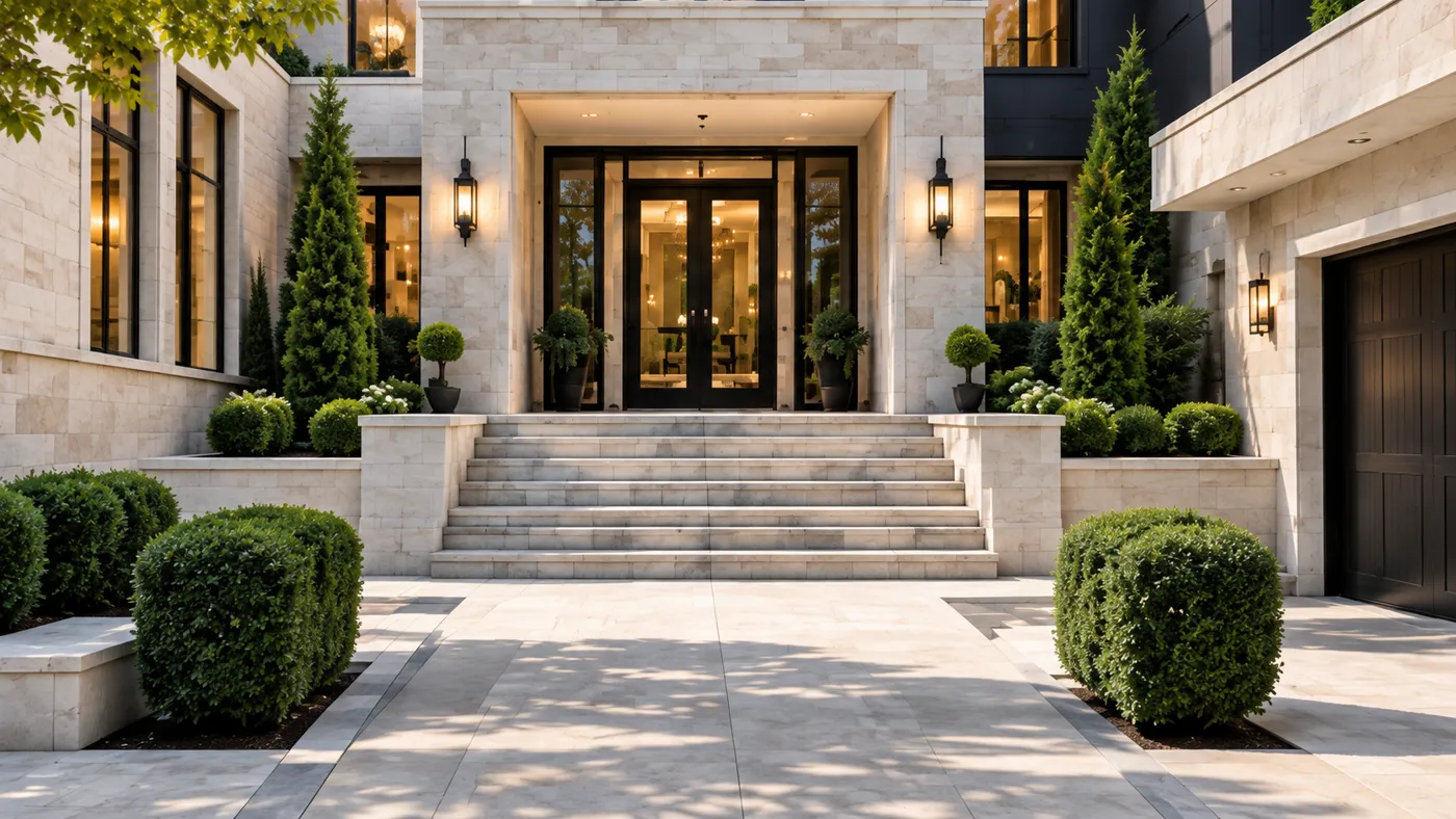 Limestone entrance with wide steps, manicured boxwood hedges, columnar evergreens, and flanking wall sconces