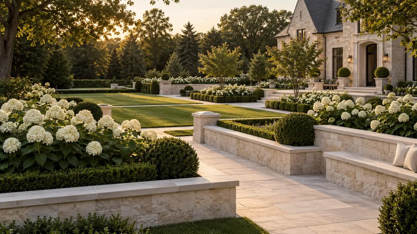 Design concept of low limestone garden walls framing hydrangea beds, formal lawns and a stone seating area