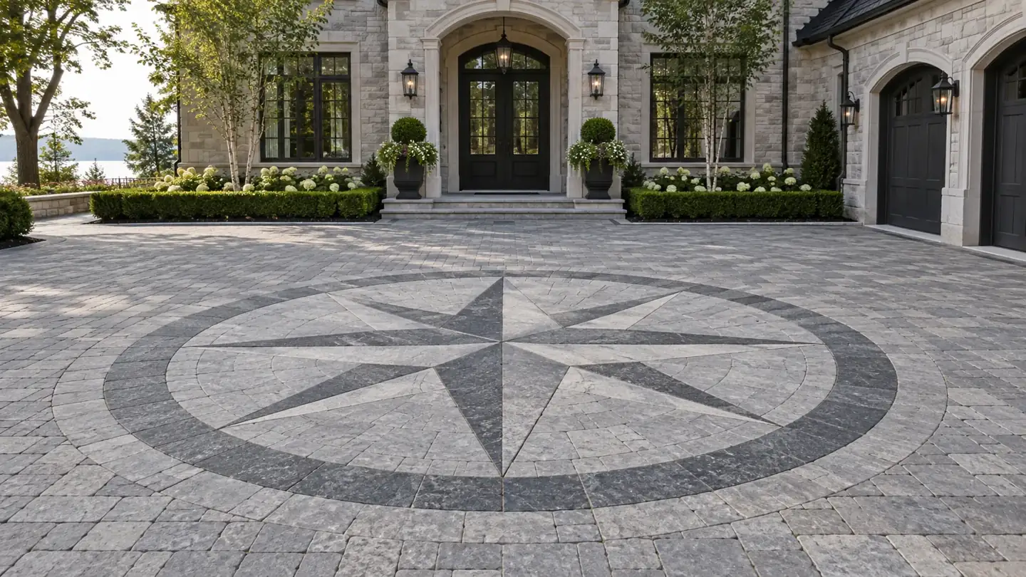 Circular geometric stone medallion set flush within a grey paver motor court