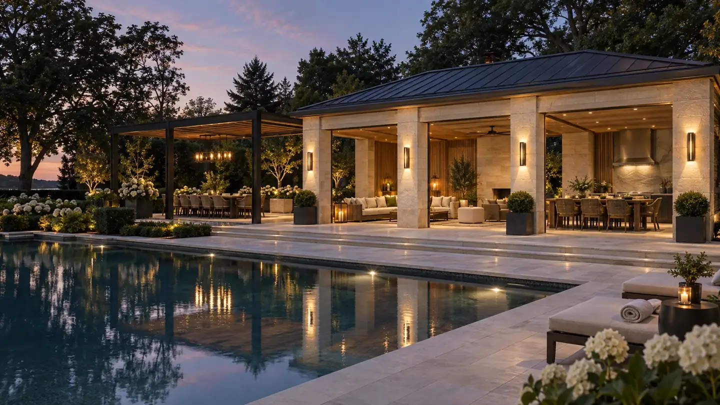 Design concept of a limestone poolside cabana with a cedar ceiling, covered lounge and adjoining pergola at dusk