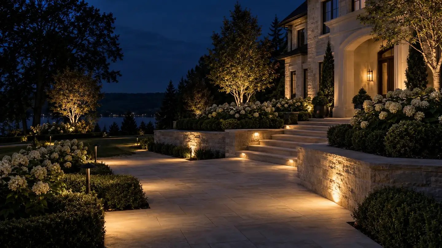 Design concept of warm path lights, illuminated stone steps and softly lit trees at a limestone estate entrance
