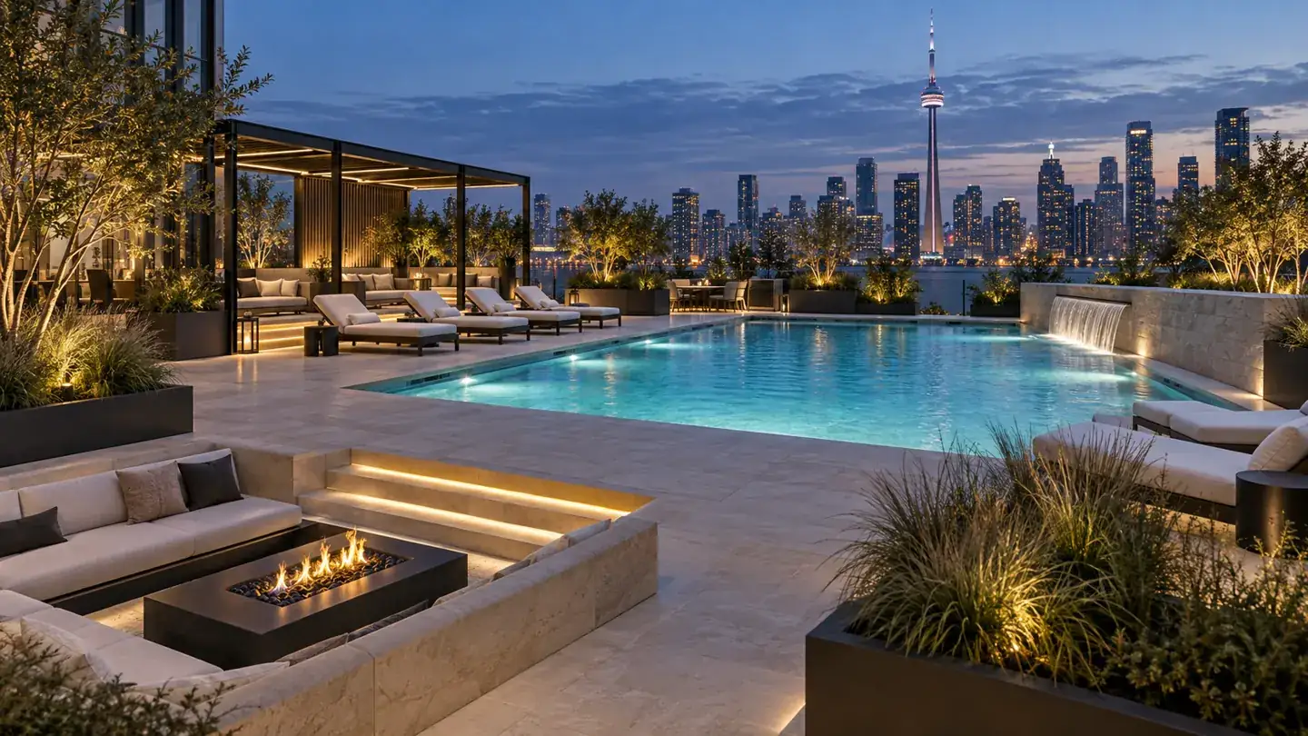 MILTONSTONE — rooftop pool inspiration with skyline views, waterfall, pergola and illuminated fire lounge