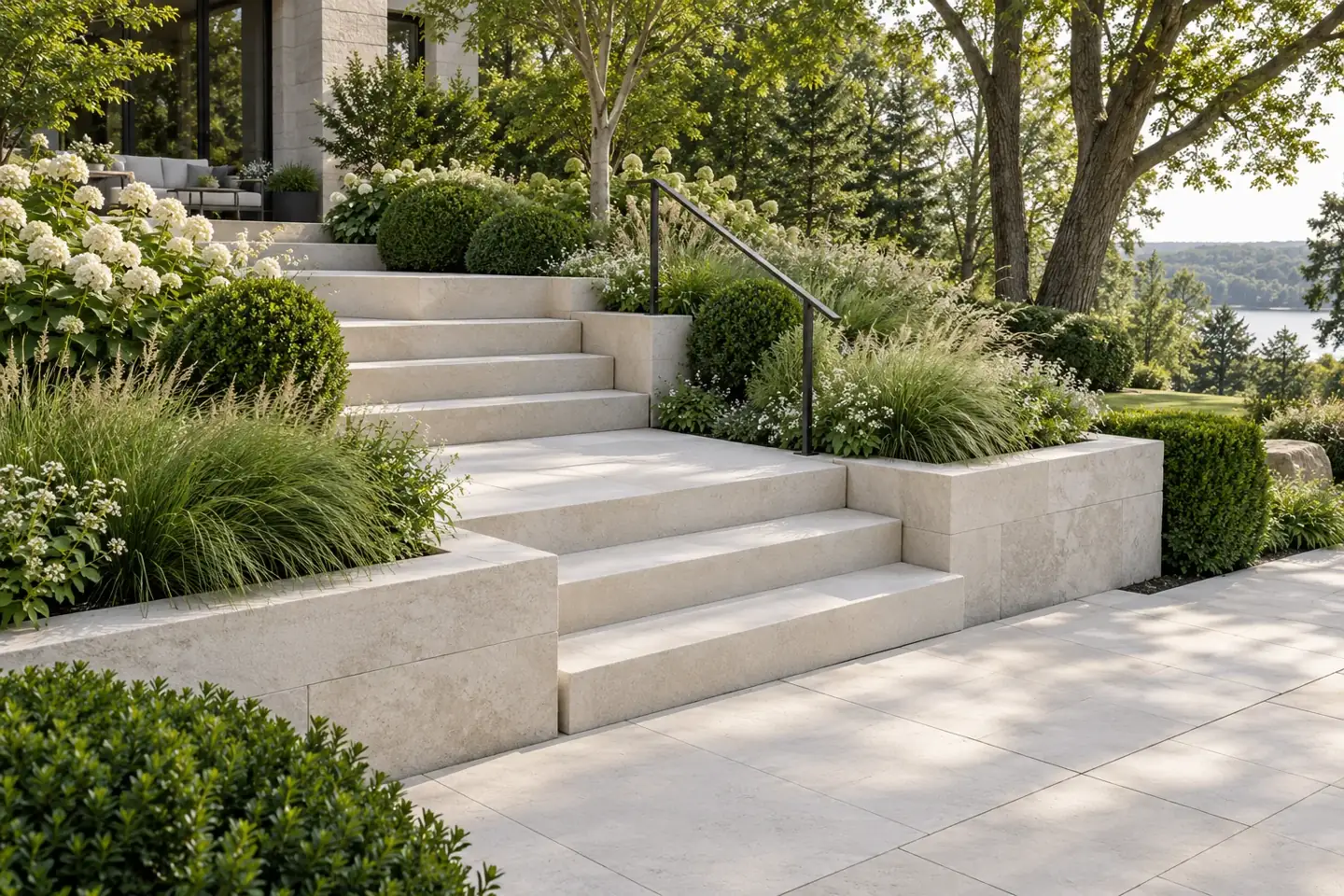 Garden stair concept with pale stone treads and layered greenery