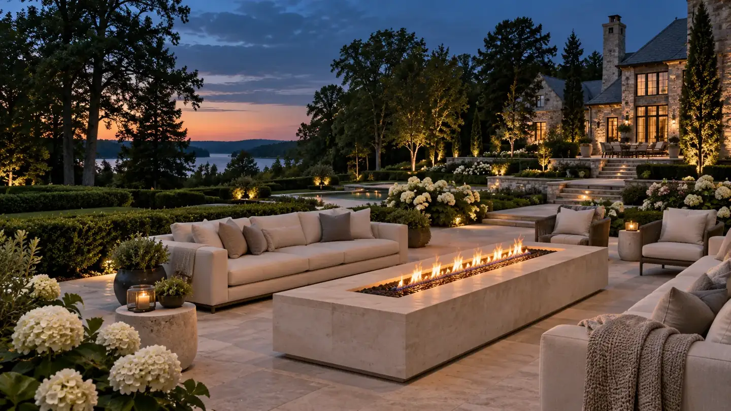 Design concept of a linear limestone gas fire table anchoring an outdoor lounge on an estate terrace at dusk