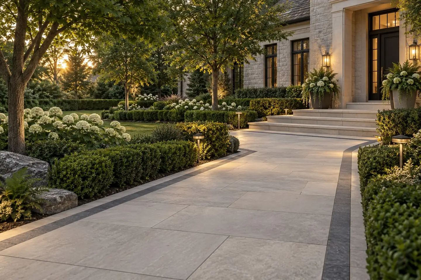 Walkway design with pale large-format pavers, a charcoal border, hydrangeas and warm garden lighting