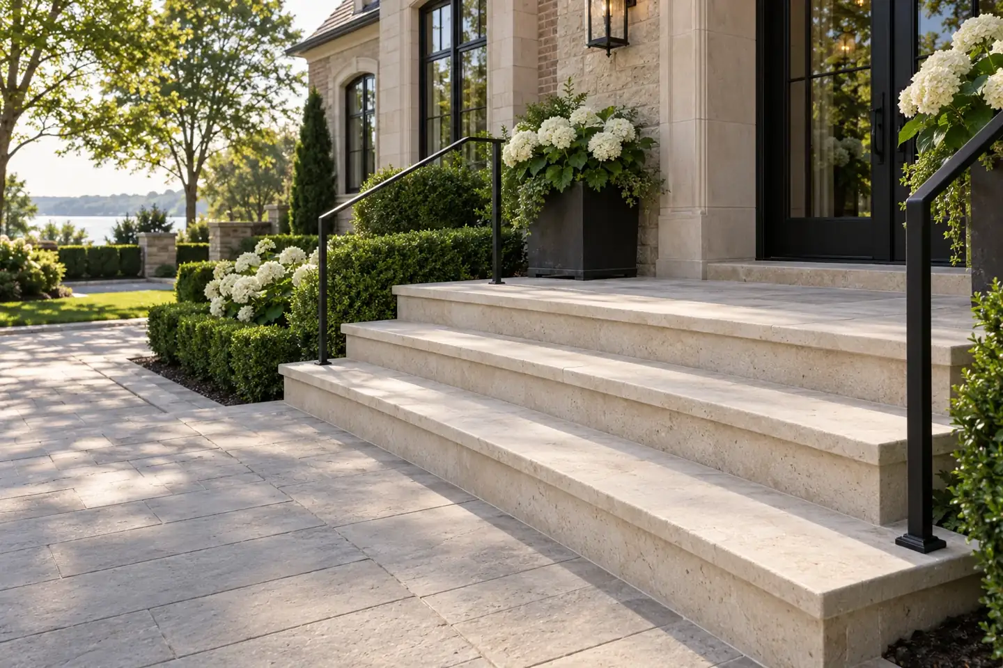 Limestone estate entrance concept with broad stone steps and formal planting