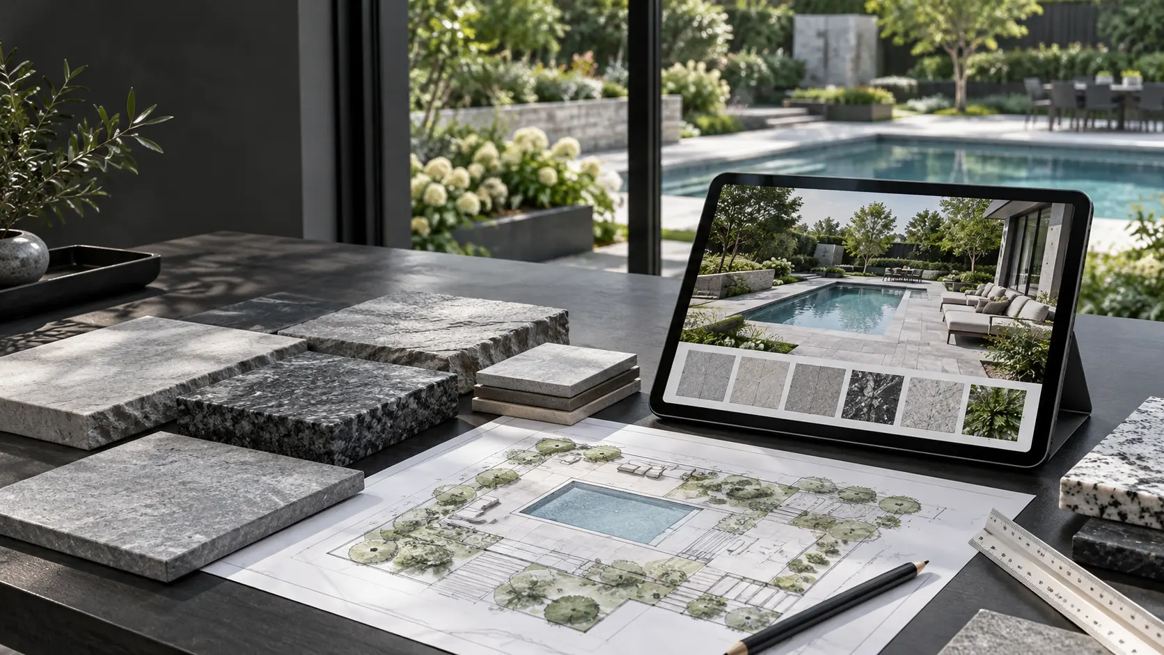 Design workspace with stone and granite samples, landscape plan, and tablet displaying completed pool and patio project