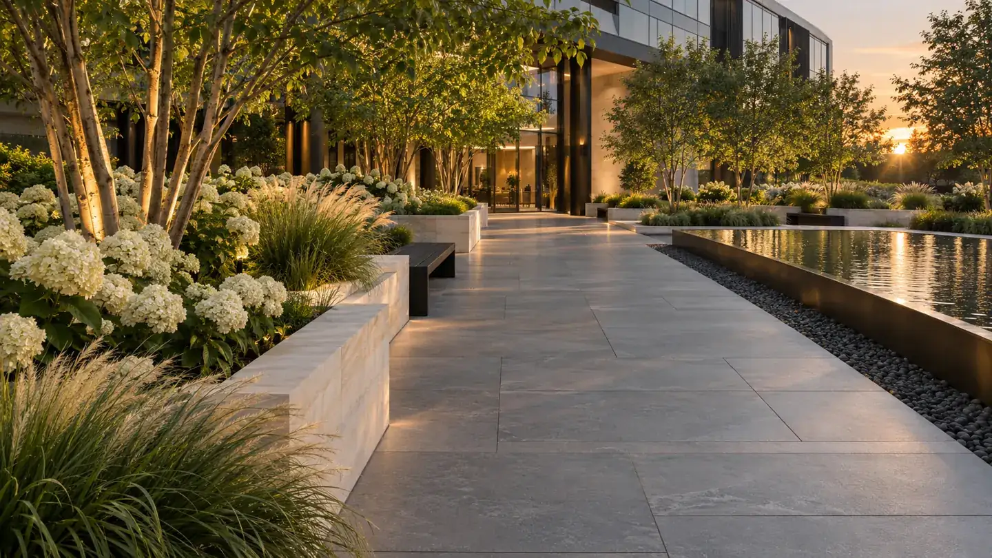 MILTONSTONE — commercial landscape design inspiration with stone plaza, garden walls and reflecting water feature
