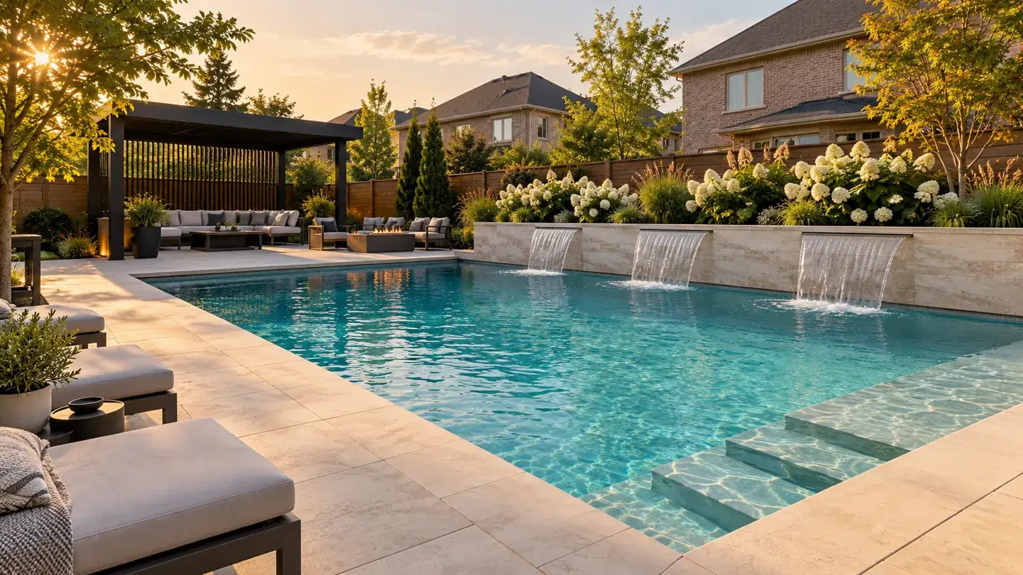 Modern backyard pool with three limestone waterfall spillways, a black pergola and a fire lounge