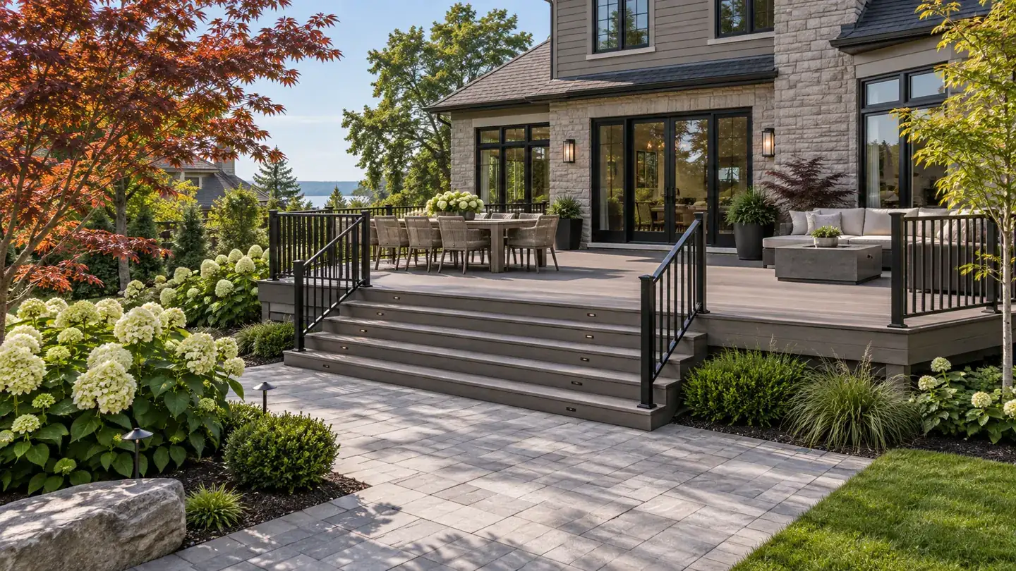 Composite deck with broad stairs, black railings and separate dining and lounge areas